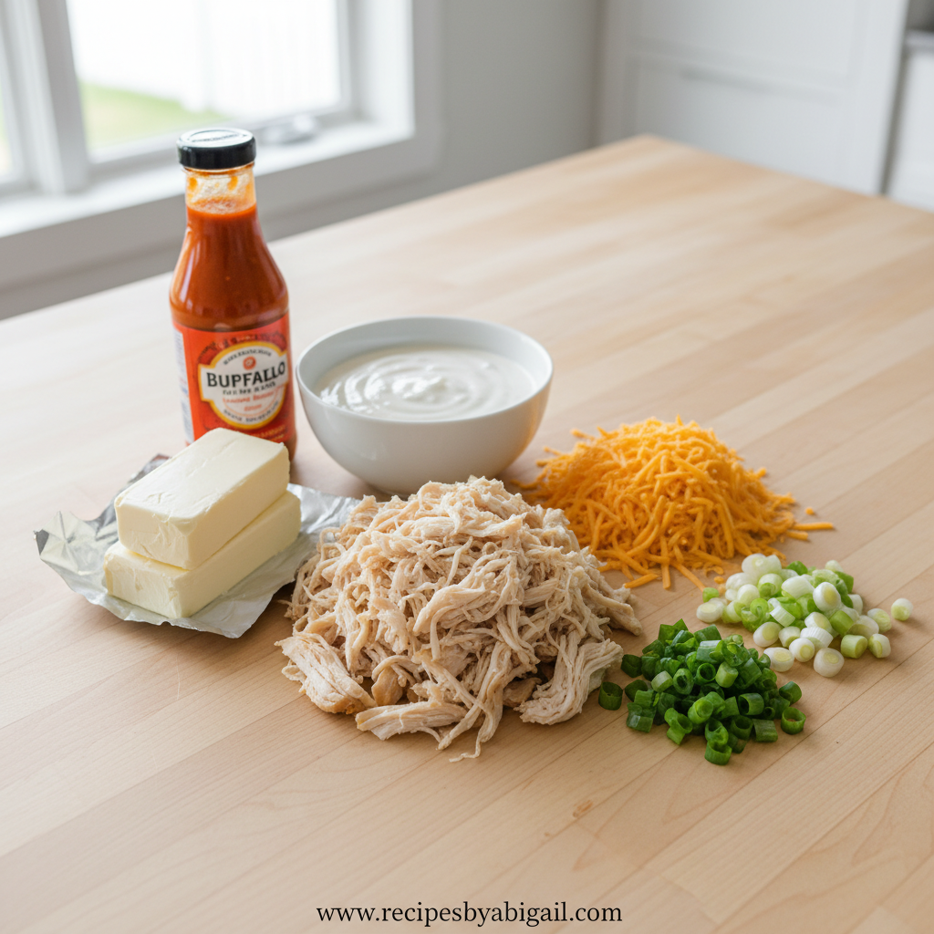 Ingredients for Buffalo chicken dip including cream cheese, chicken, Buffalo sauce, and cheese