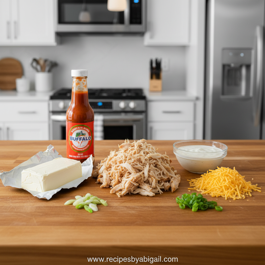 All ingredients laid out for making buffalo chicken dip