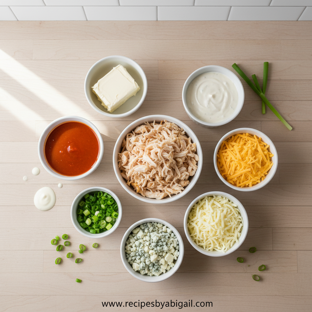 Ultimate Buffalo Chicken Dip Recipe: Creamy, Cheesy & Perfect for Parties 2 Ingredients for buffalo chicken dip including chicken, cream cheese, buffalo sauce, and shredded cheese