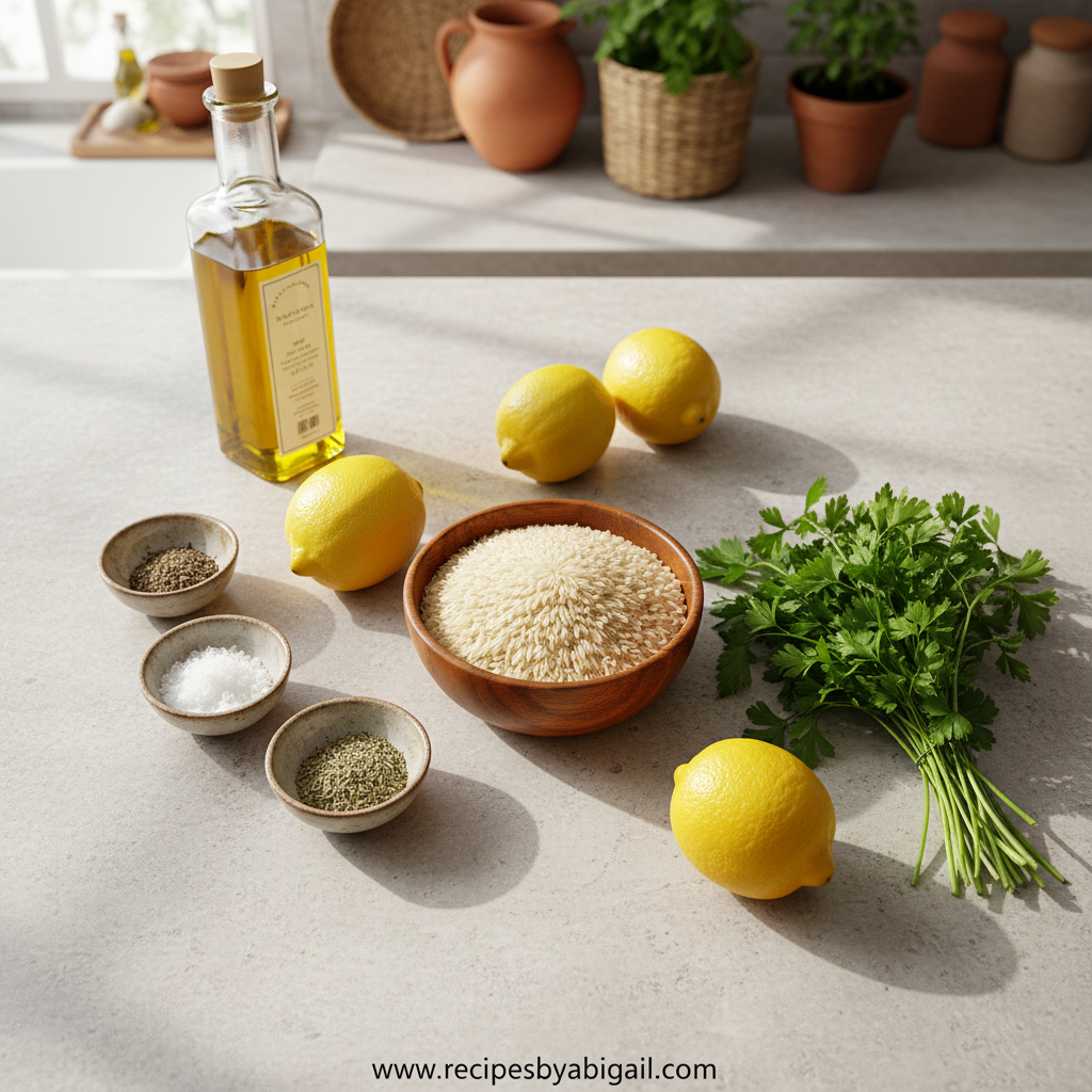 Ingredients for lemon rice including rice, lemons, herbs, and olive oil