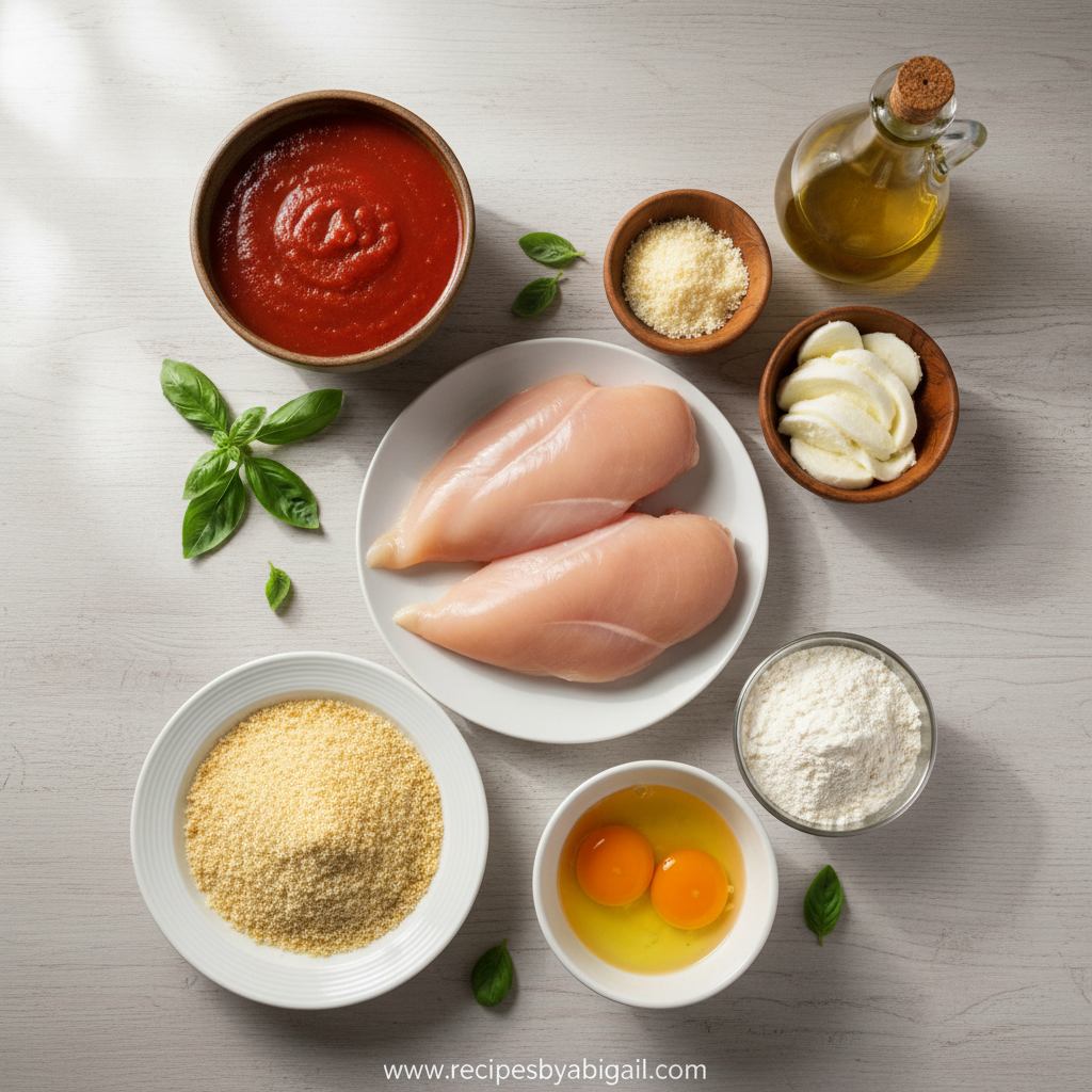 The Best Homemade Chicken Parmesan Recipe: Crispy, Cheesy Perfection for Two 2 Chicken parmesan ingredients including chicken, breadcrumbs, cheese, and spices