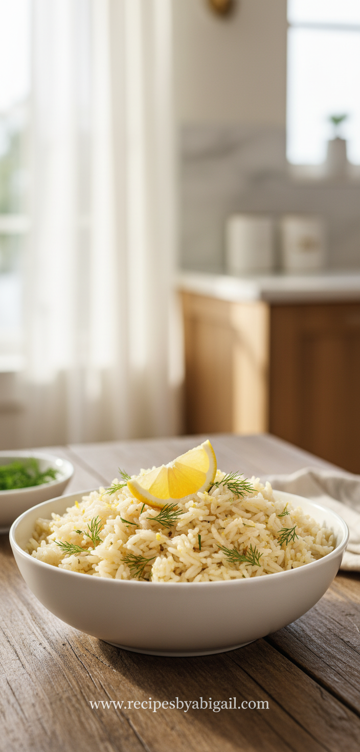 Vibrant Greek lemon rice with fresh herbs and lemon wedges