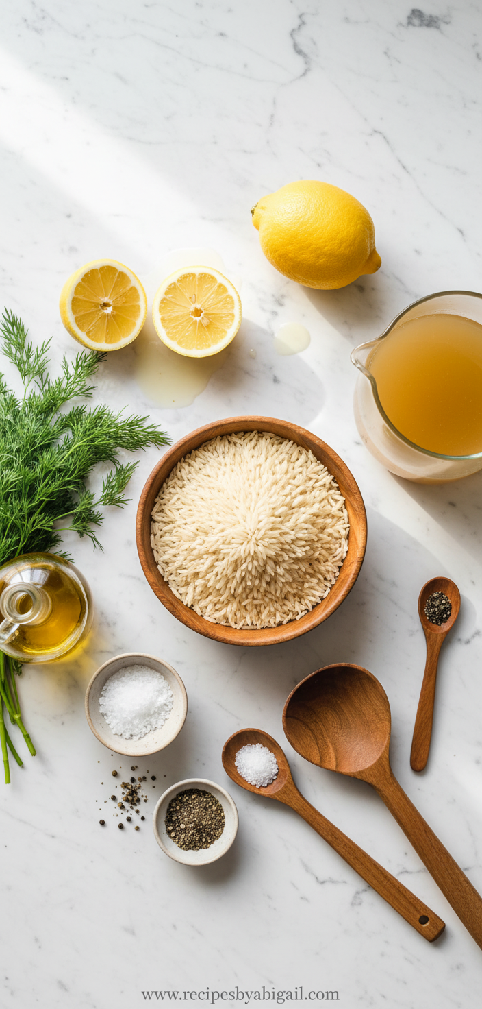 Ingredients for Greek lemon rice including rice, lemons, herbs, and spices