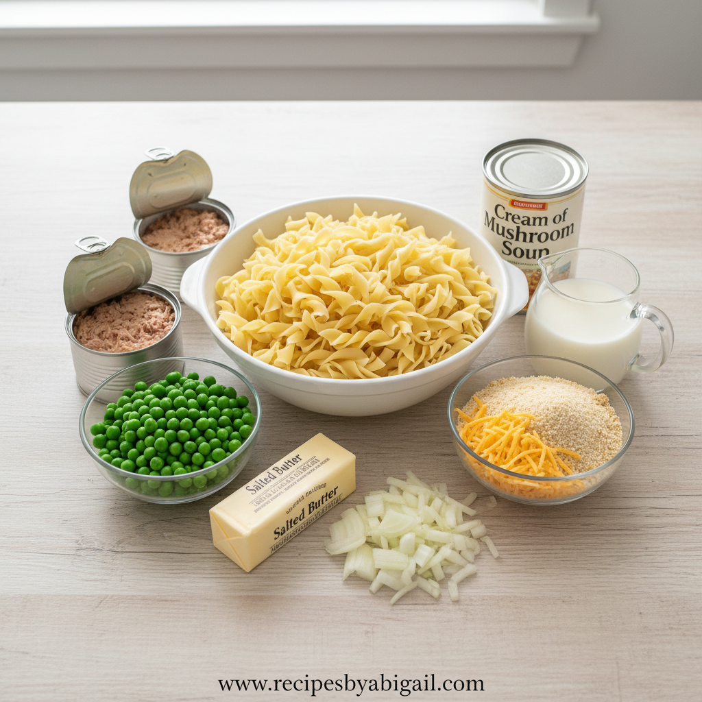 Ultimate Classic Tuna Noodle Casserole - Creamy Comfort Food Bake 2 Ingredients for tuna noodle casserole including noodles, tuna, peas, and cheese