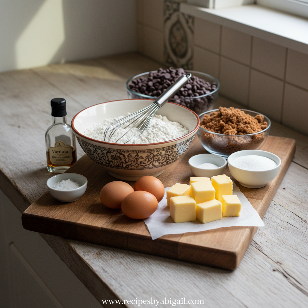 All ingredients for chocolate chip cookies laid out on counter