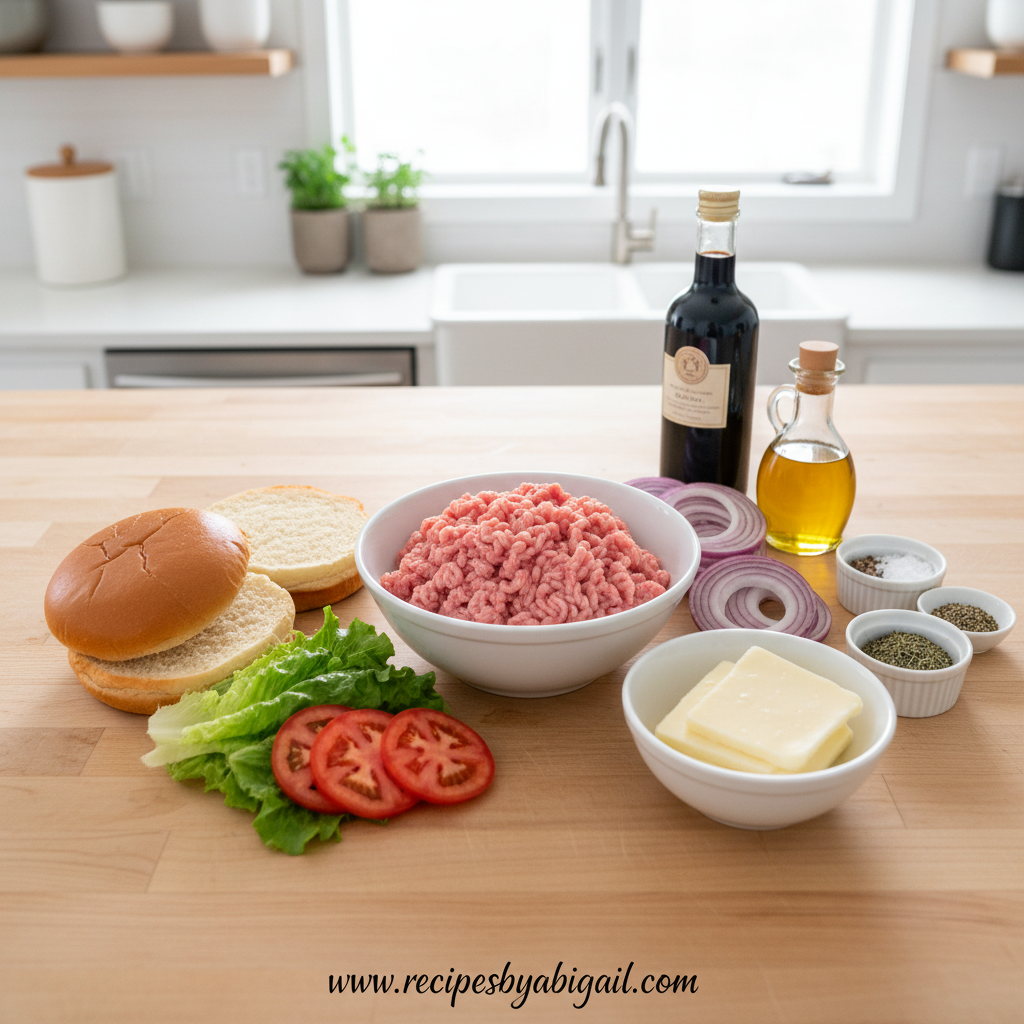 Fresh ingredients for balsamic caramelized turkey burgers including ground turkey, onions, and balsamic vinegar