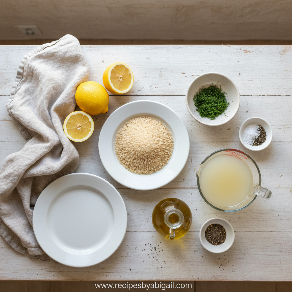 Ingredients for Greek lemon rice including rice, lemons, herbs, and olive oil