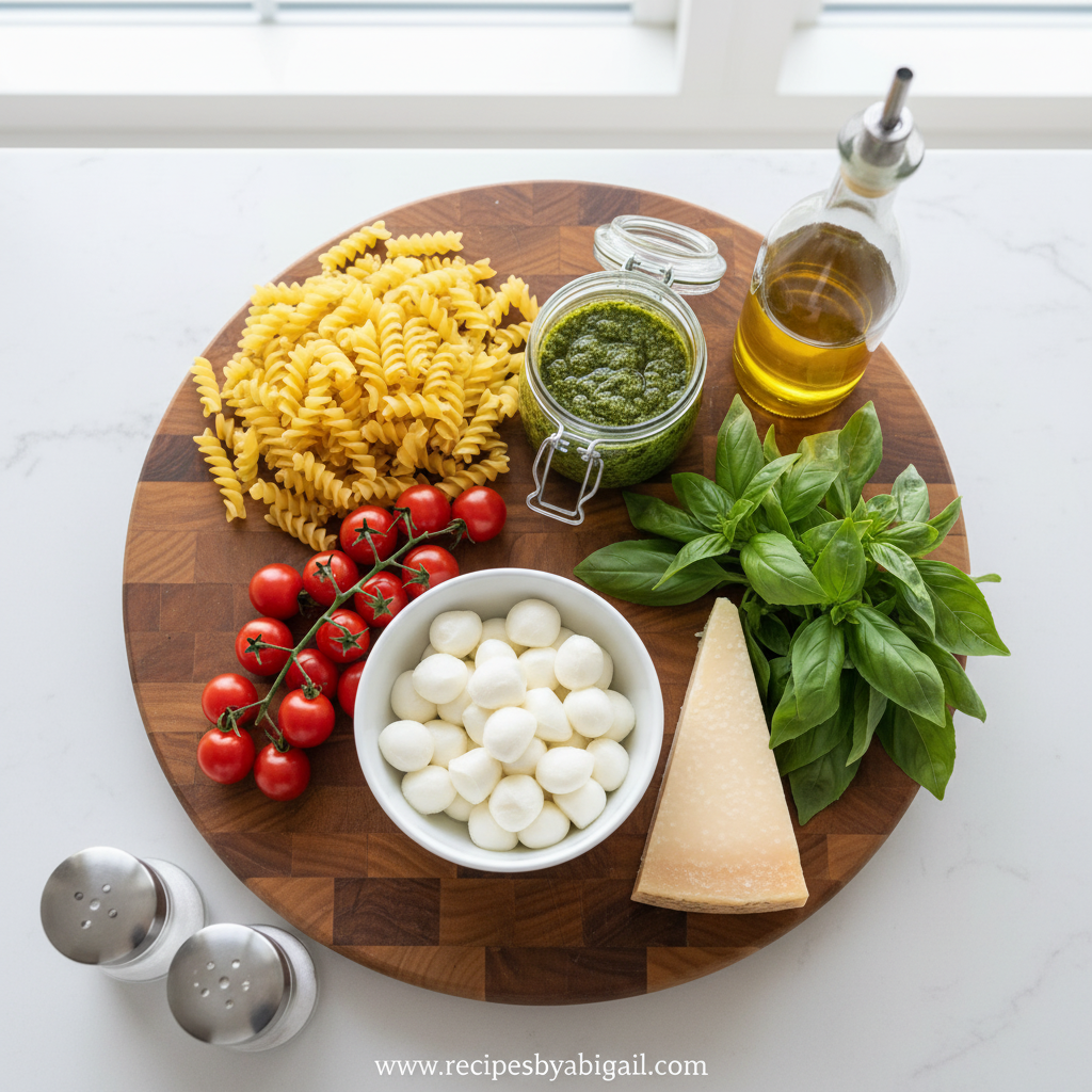 Ultimate Cheesy Basil Pesto Pasta Salad - Easy Potluck Side Dish Recipe 2 Ingredients for cheesy basil pesto pasta salad including tortellini, pesto, mozzarella, and fresh basil