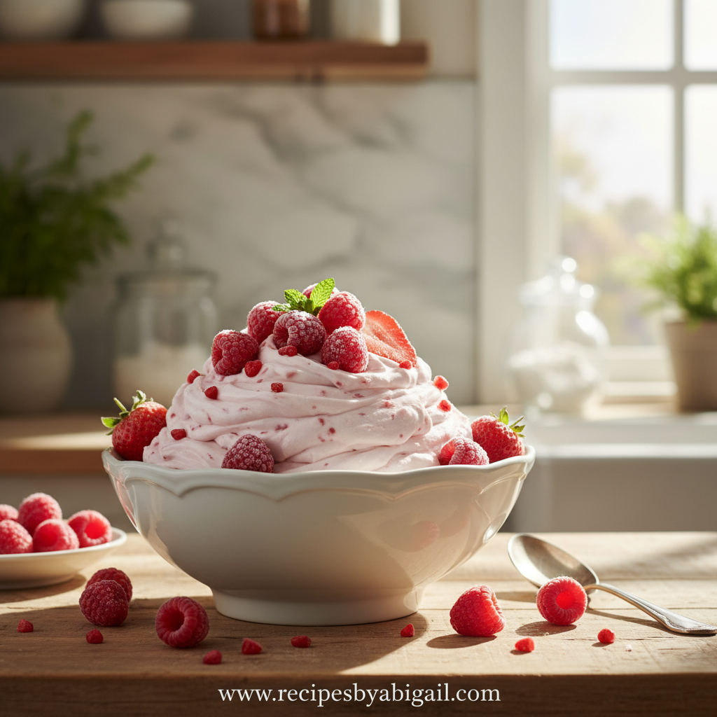 Beautiful bowl of creamy frozen Greek yogurt with fresh raspberries