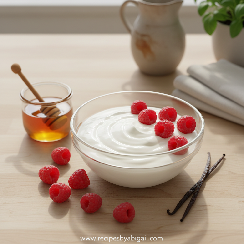 Ingredients for frozen Greek yogurt: Greek yogurt, raspberries, and honey