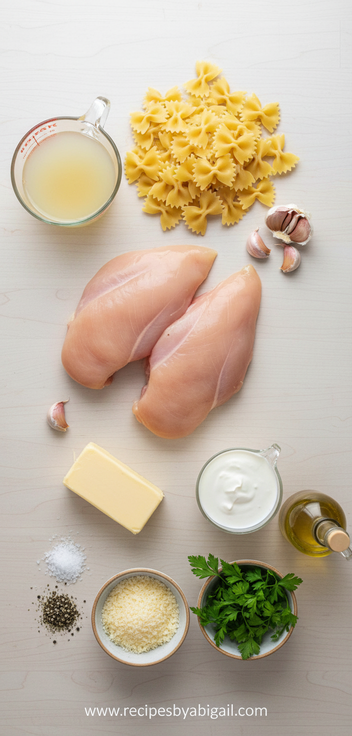 Ingredients for garlic butter chicken pasta including chicken, bowtie pasta, butter, garlic, and herbs
