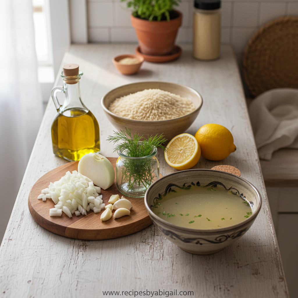 Bright Zesty Greek Lemon Rice Staple - Perfect Mediterranean Lemon Pilaf 2 Fresh ingredients for Greek lemon rice including lemons, rice, and herbs