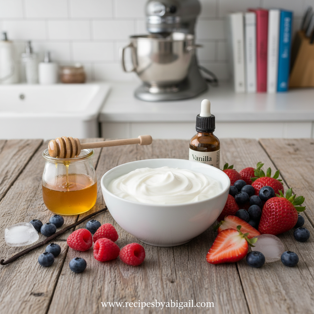 Ingredients for making frozen yogurt: yogurt, honey, vanilla, and fresh fruit