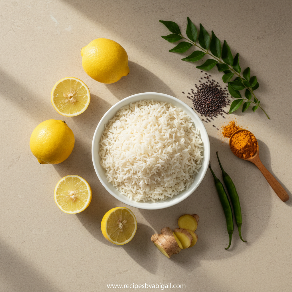 Ingredients for lemon rice including rice, lemons, olive oil, and herbs