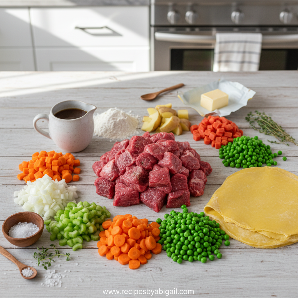 Ingredients for individual beef pot pies including beef, vegetables, and pastry