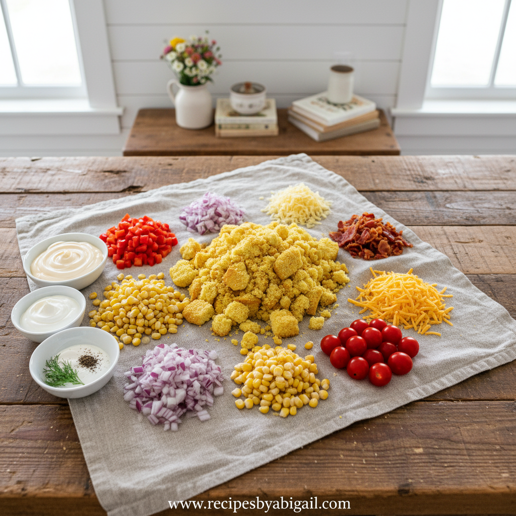 Fresh ingredients for colorful cornbread salad including corn, bell peppers, and cornbread