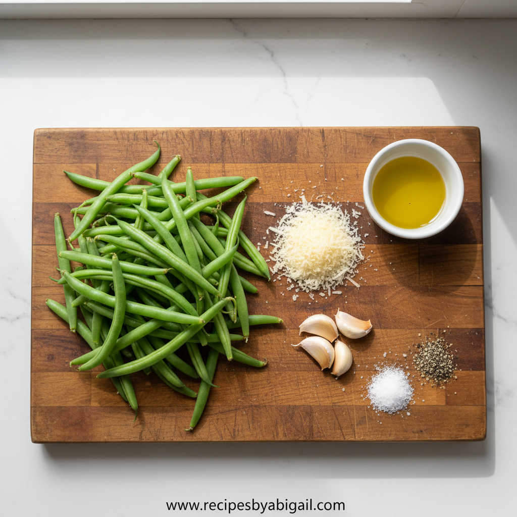 Savory Garlic Parmesan Roasted Green Beans - Crispy Cheesy Side Dish Recipe 2 Fresh green beans, garlic, Parmesan cheese, olive oil, and seasonings