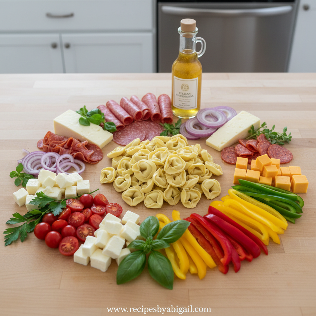 Ingredients for tortellini salad including tortellini, cheese, vegetables, and dressing
