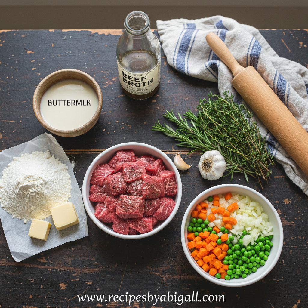 Ingredients for herbed biscuit beef pot pie