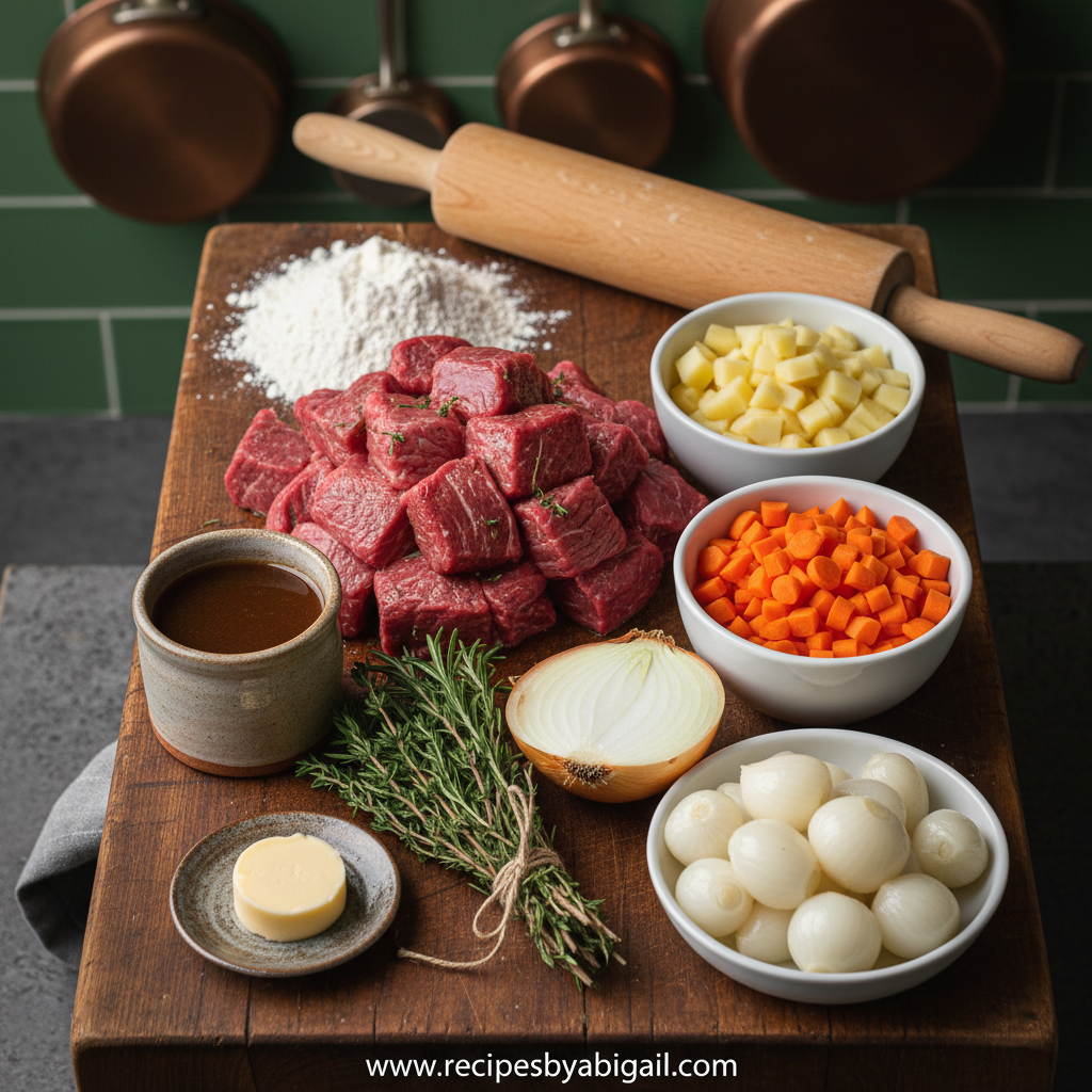 Ultimate Beef Pot Pie Recipe – Comforting and Hearty 2 Ingredients for beef pot pie laid out on a counter