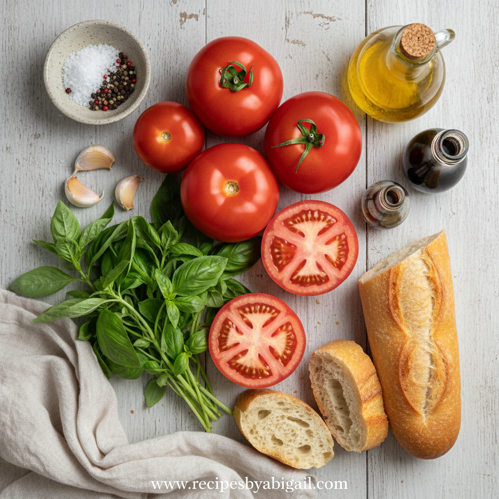 Fresh ingredients for Bruschetta Al Pomodoro