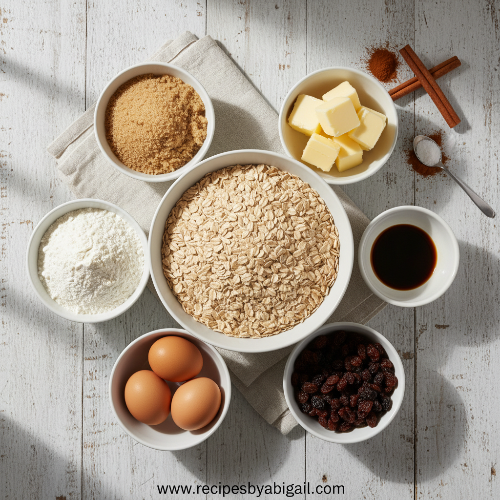 Ingredients for chewy oatmeal cookies