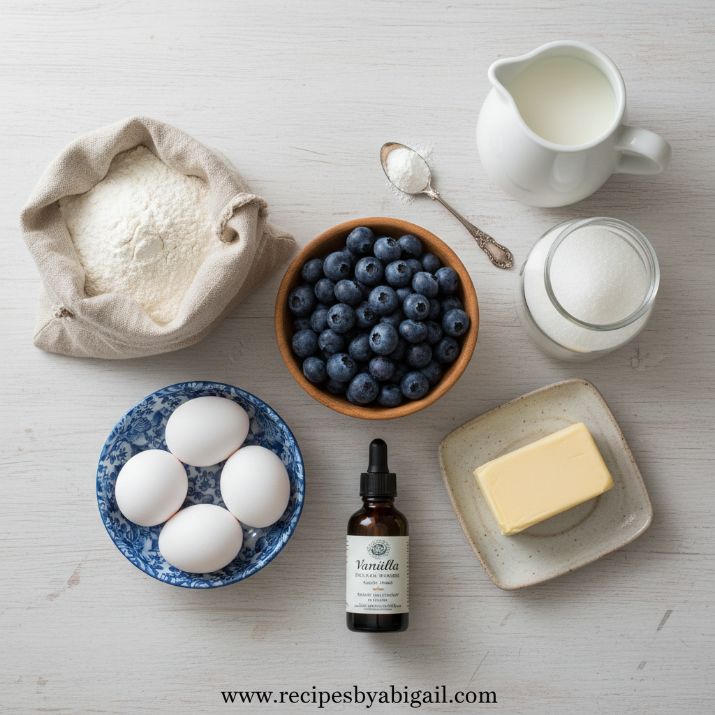 Ingredients for blueberry muffins: flour, sugar, blueberries, eggs, butter, and more