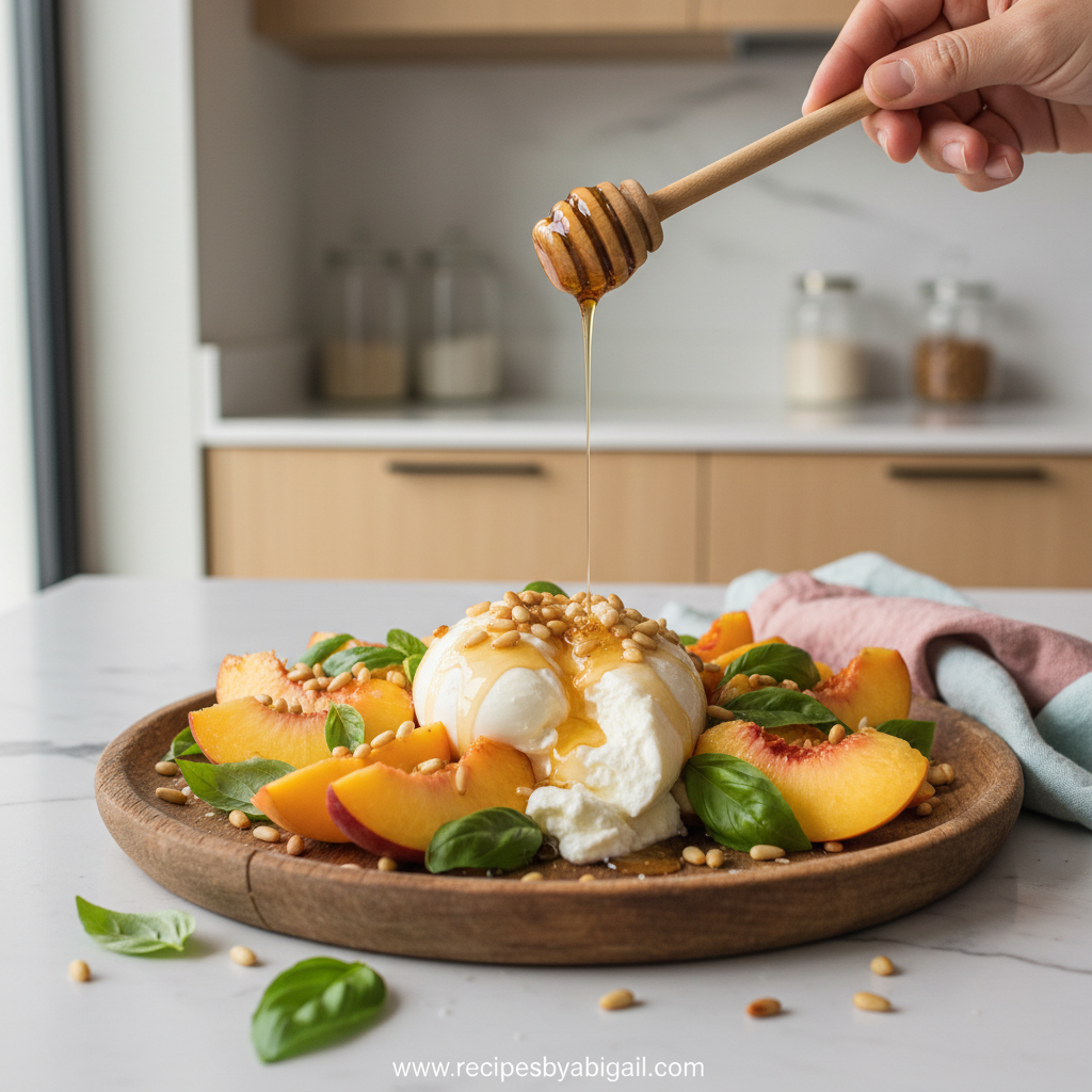Summer Peach Burrata Salad served in a bowl