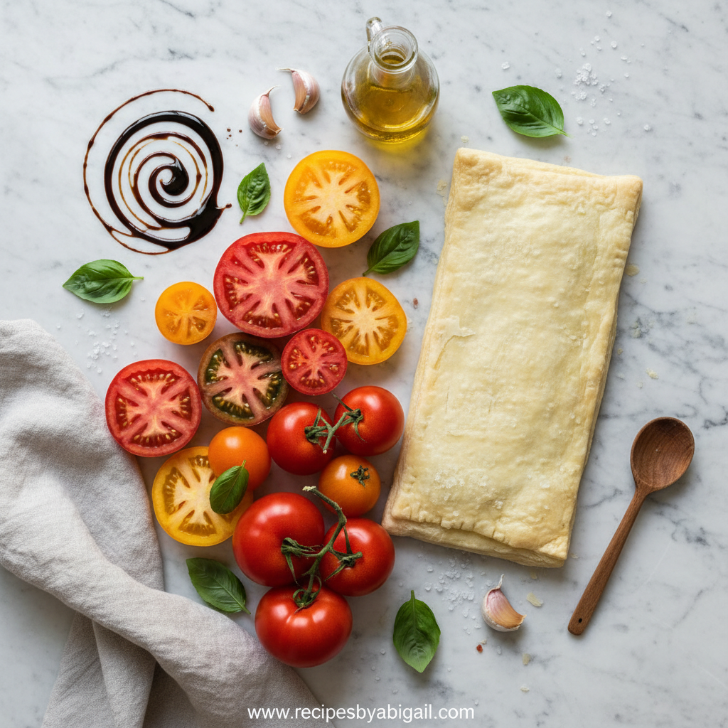 Fresh tomatoes, puff pastry, herbs, and cheese for the tart