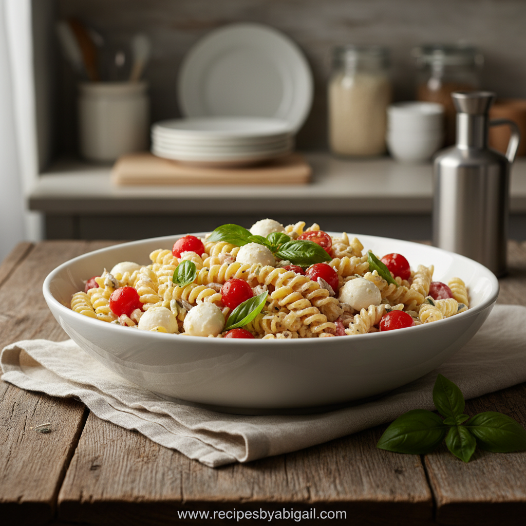 Creamy Caprese Pasta Salad: A Fresh and Easy Summer Recipe 1 Creamy Caprese Pasta Salad in a large serving bowl