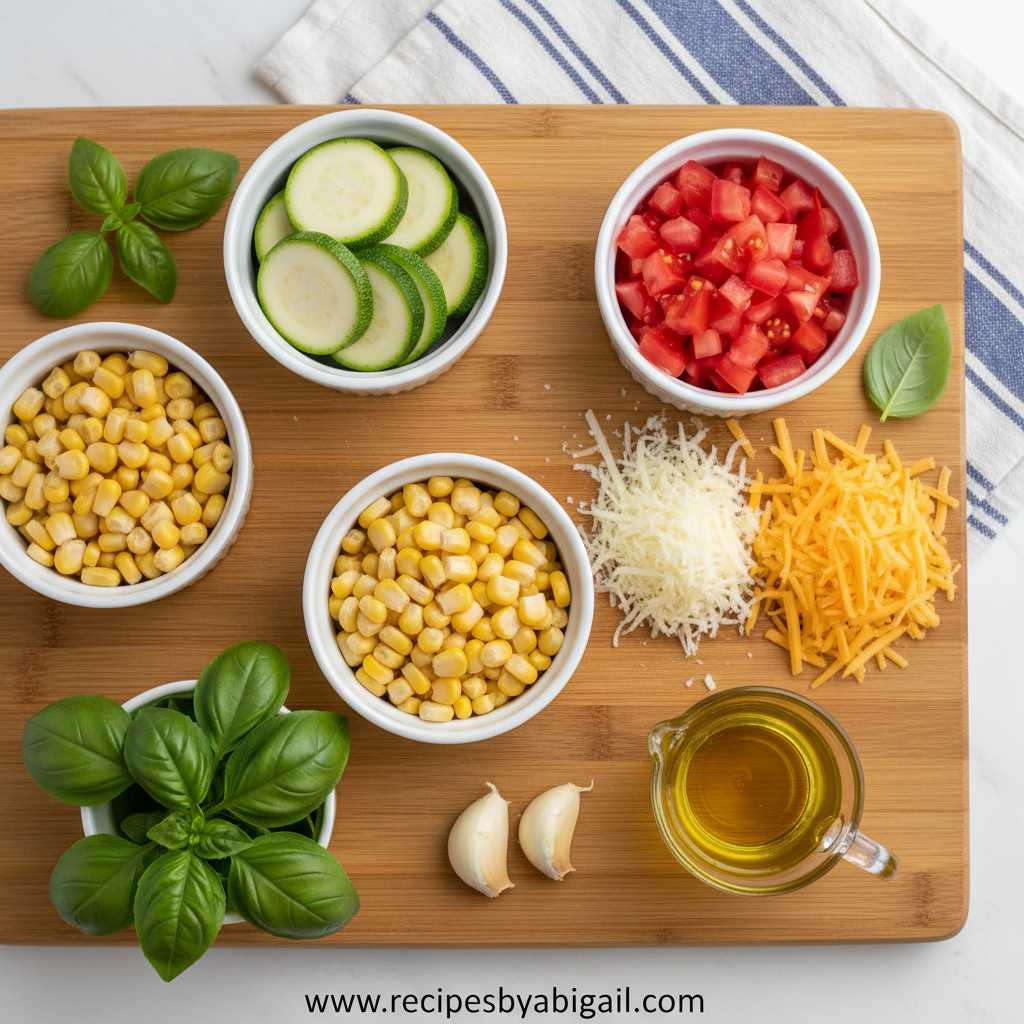 Easy Cheesy Zucchini Corn Tomato Bake with Golden Parmesan Crust 2 Ingredients for Easy Cheesy Zucchini Corn Tomato Bake