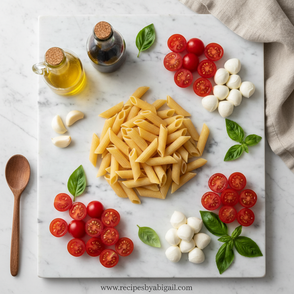 Ingredients for Caprese pasta salad